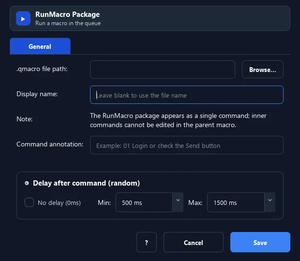RunMacro Insert RunMacro package (.qmacro) command configuration dialog showing parameter fields