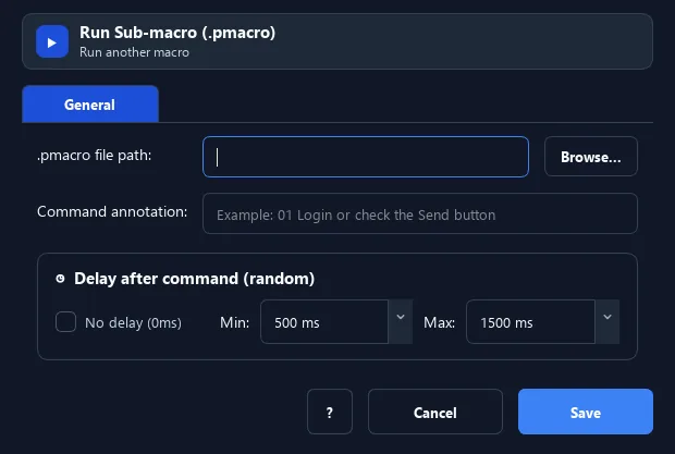 RunMacro Insert .pmacro command configuration dialog showing parameter fields