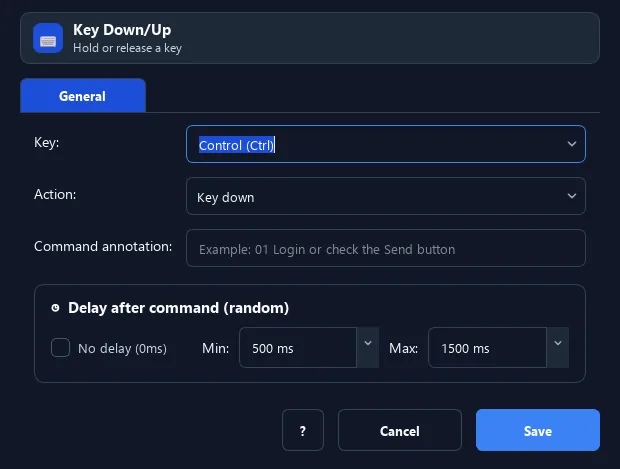RunMacro Key Hold/Release command configuration dialog showing parameter fields