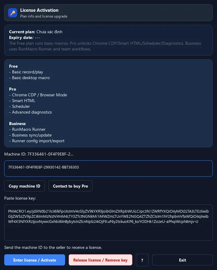 RunMacro License Activation feature configuration interface (Dark Mode)