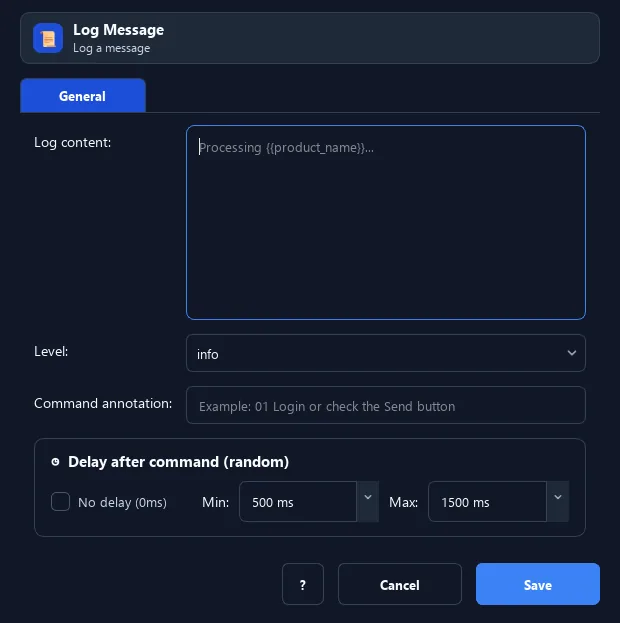 RunMacro Log Message command configuration dialog showing parameter fields