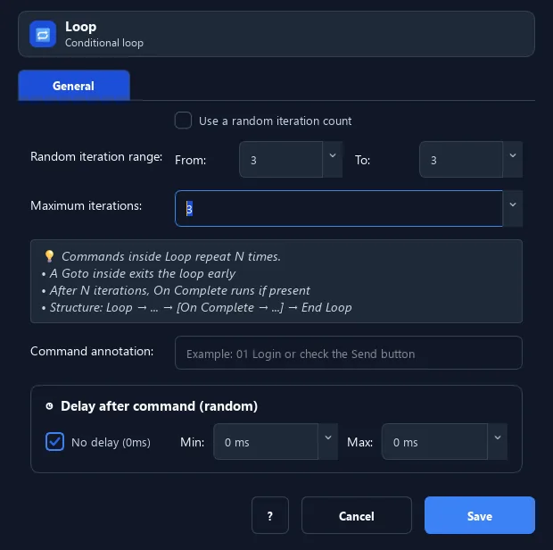 RunMacro Loop command configuration dialog showing parameter fields