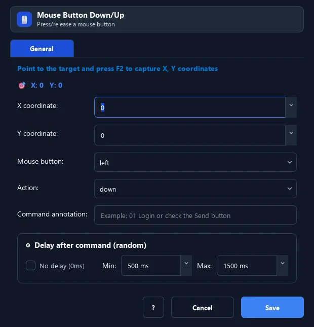 RunMacro Mouse Button command configuration dialog showing parameter fields