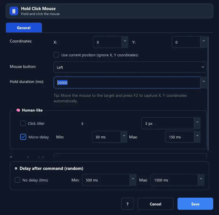 RunMacro Hold Click command configuration dialog showing parameter fields