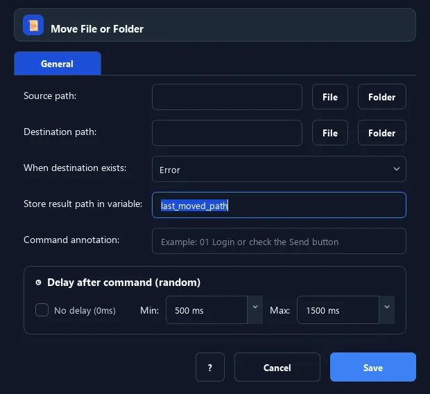 RunMacro Move File or Folder command configuration dialog showing parameter fields