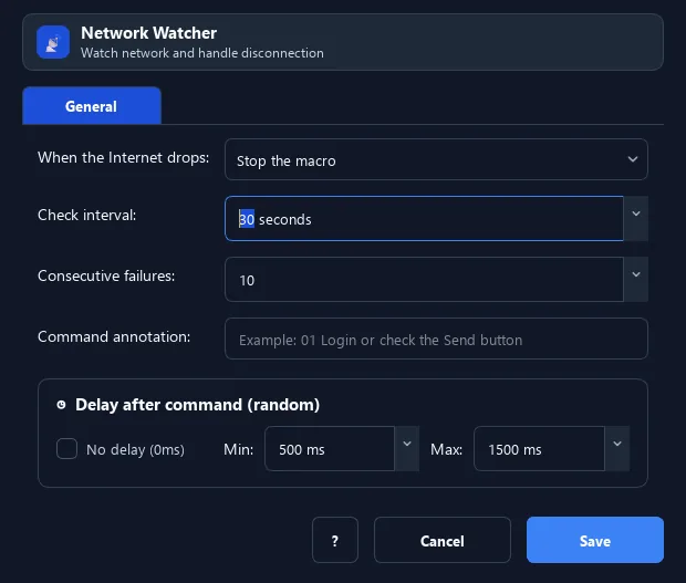 RunMacro Network Watcher command configuration dialog showing parameter fields