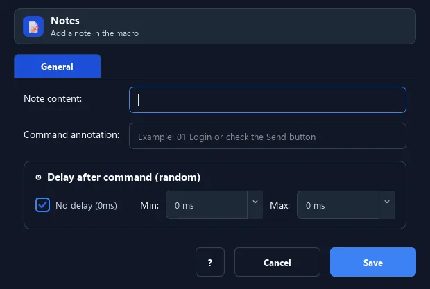 RunMacro Note command configuration dialog showing parameter fields