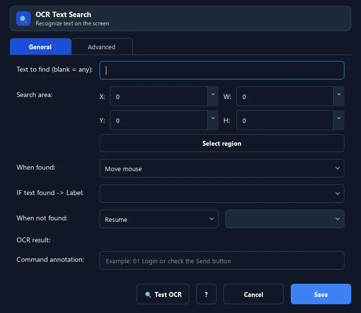RunMacro OCR Capture command configuration dialog showing parameter fields