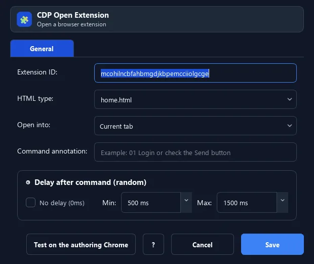 RunMacro Open Extension command configuration dialog showing parameter fields