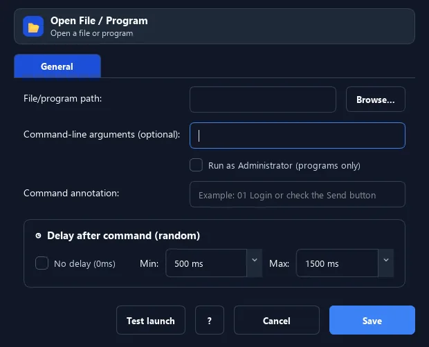 RunMacro Open File / App command configuration dialog showing parameter fields