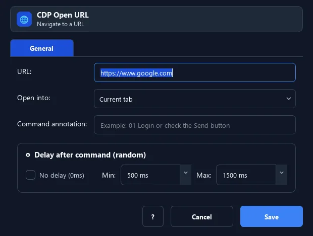 RunMacro Open URL command configuration dialog showing parameter fields