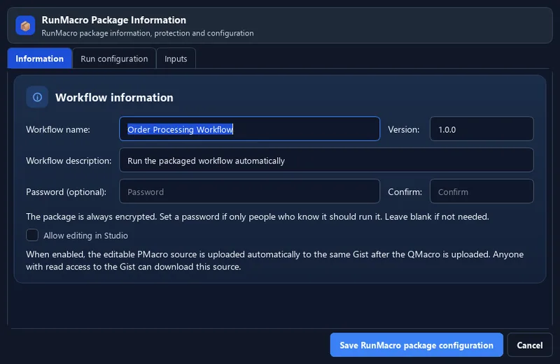 RunMacro Package Project feature configuration interface (Dark Mode)