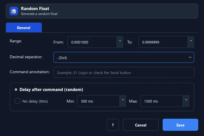 RunMacro Random Float command configuration dialog showing parameter fields