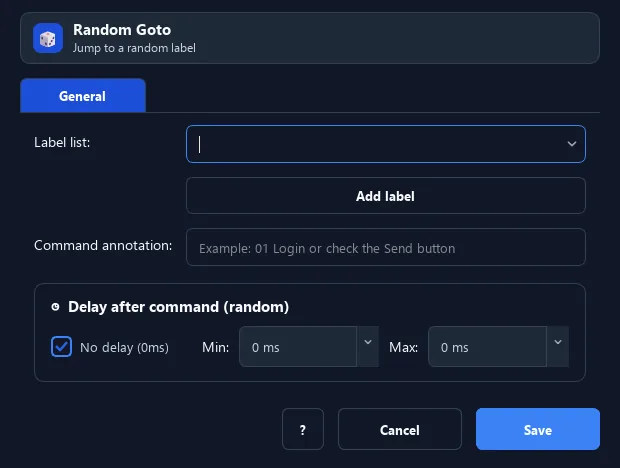 RunMacro Random Goto command configuration dialog showing parameter fields