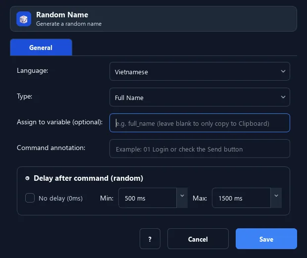 RunMacro Random Name command configuration dialog showing parameter fields