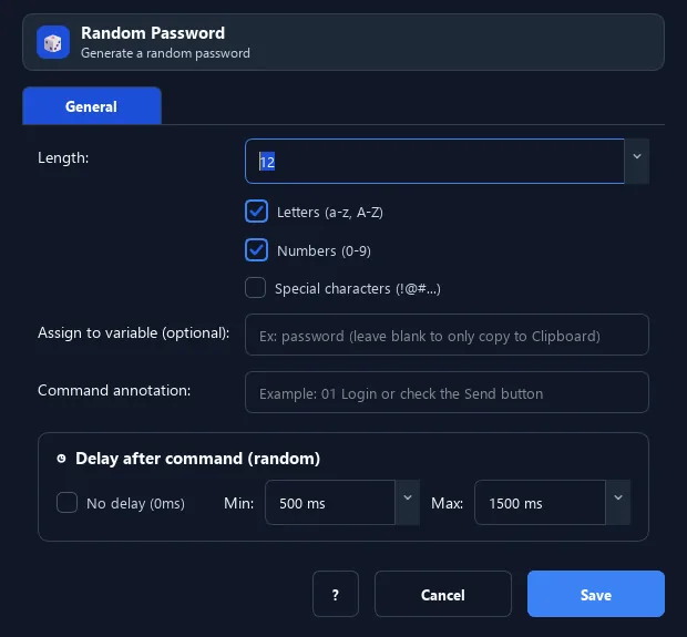RunMacro Random Password command configuration dialog showing parameter fields