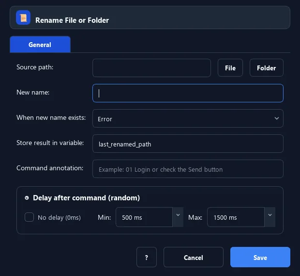 RunMacro Rename File or Folder command configuration dialog showing parameter fields