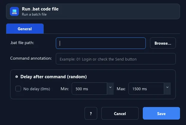 RunMacro Run .BAT File command configuration dialog showing parameter fields
