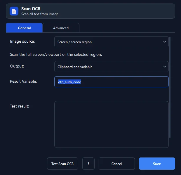 RunMacro Scan OCR command configuration dialog showing parameter fields