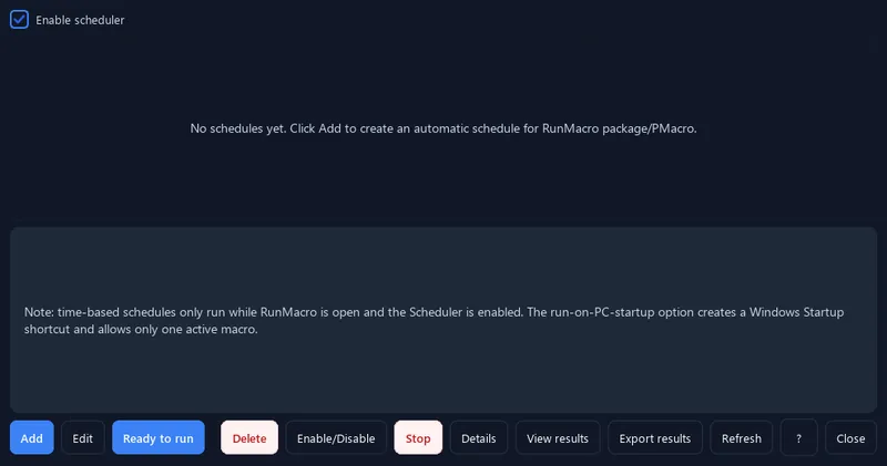 RunMacro Scheduler feature configuration interface (Dark Mode)