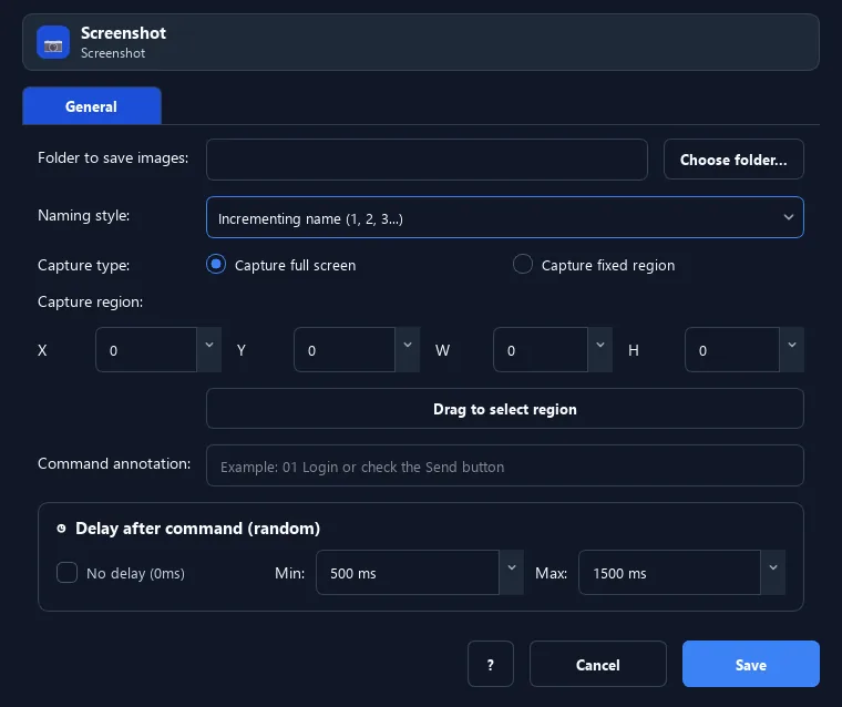 RunMacro Screenshot command configuration dialog showing parameter fields