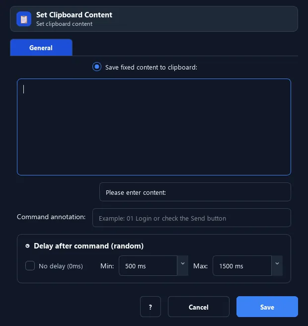 RunMacro Set Clipboard command configuration dialog showing parameter fields