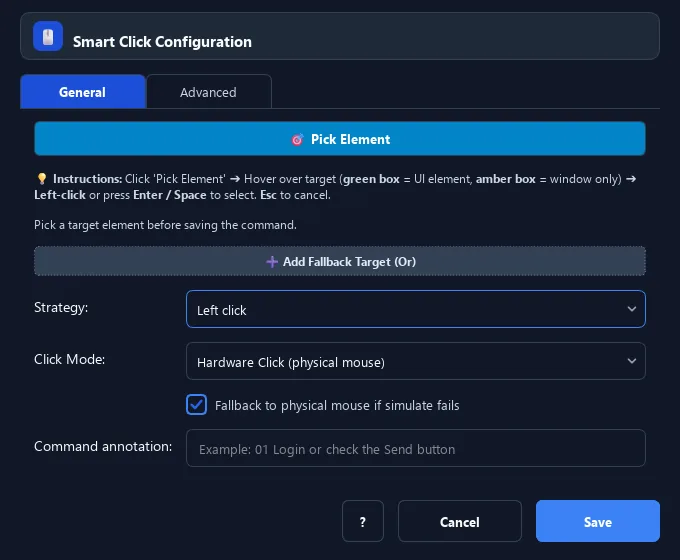 RunMacro Smart Click command configuration dialog showing parameter fields
