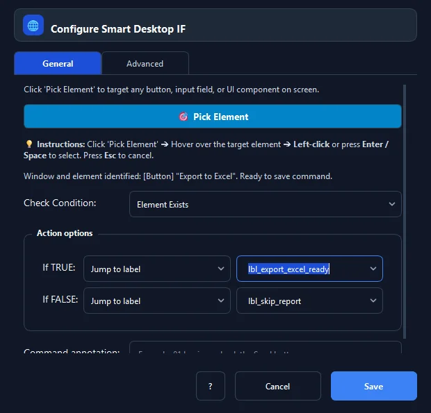 RunMacro Smart Desktop IF command configuration dialog showing parameter fields
