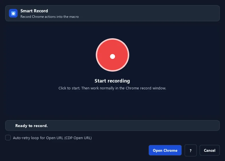 RunMacro Smart Record feature configuration interface (Dark Mode)