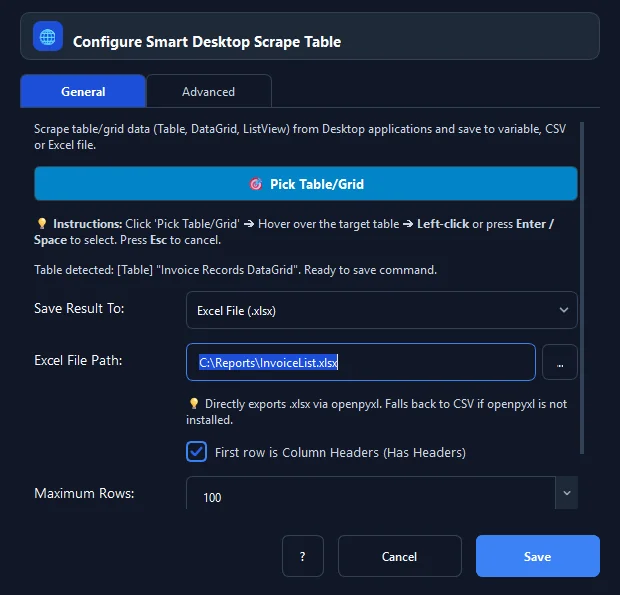 RunMacro Smart Export Table command configuration dialog showing parameter fields