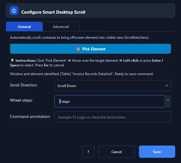 RunMacro Smart Scroll command configuration dialog showing parameter fields