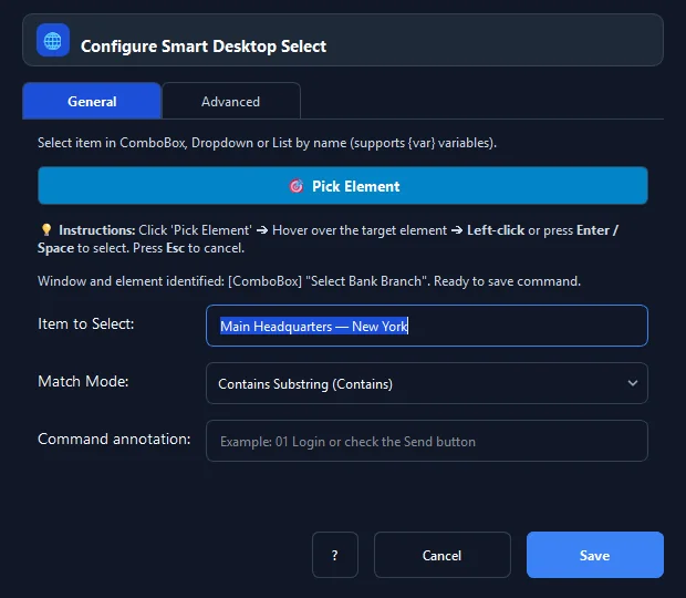 RunMacro Smart Select Dropdown command configuration dialog showing parameter fields