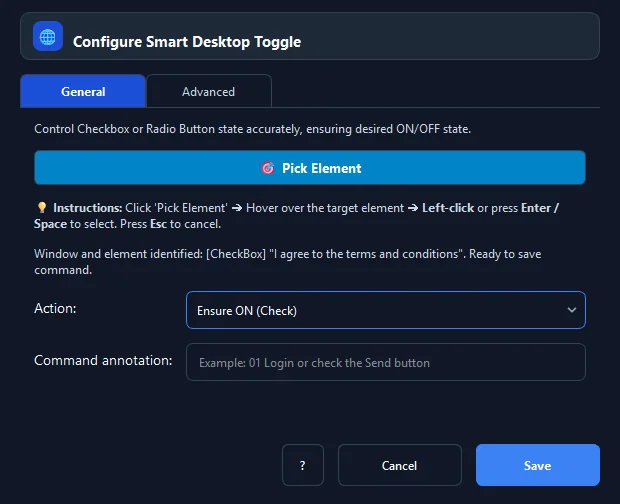 RunMacro Smart Toggle Checkbox command configuration dialog showing parameter fields