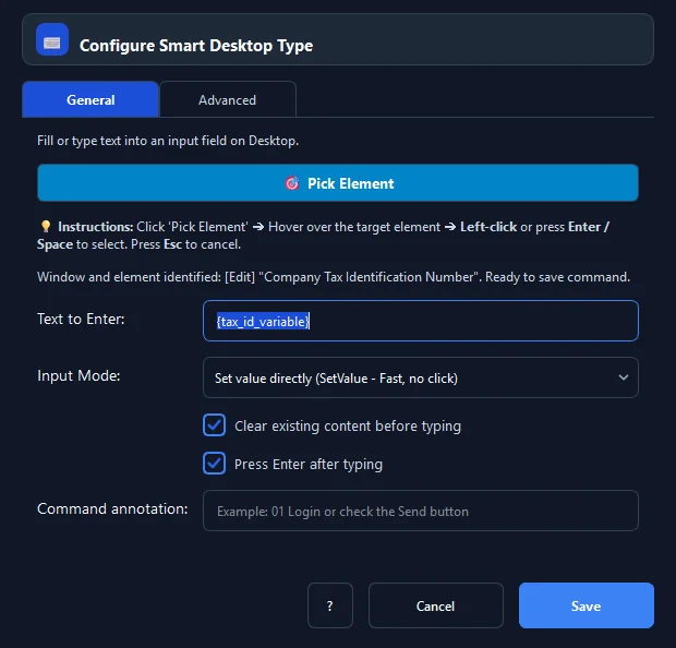 RunMacro Smart Desktop Type command configuration dialog showing parameter fields