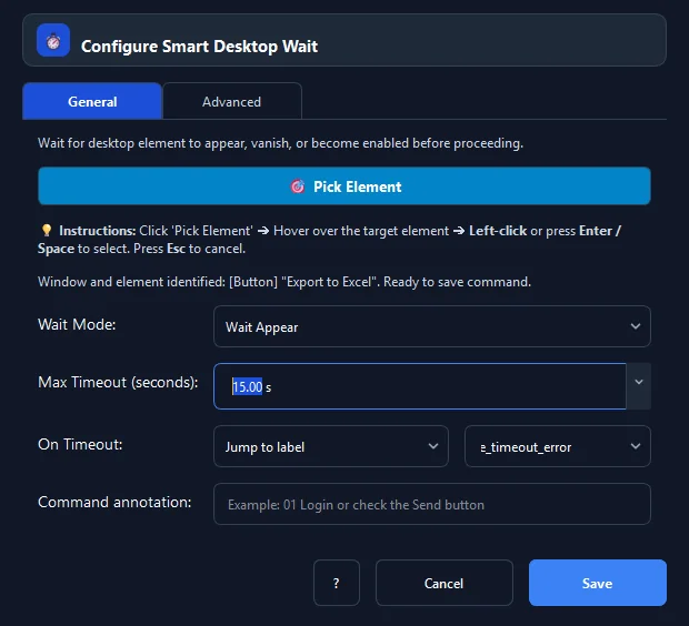 RunMacro Smart Desktop Wait command configuration dialog showing parameter fields