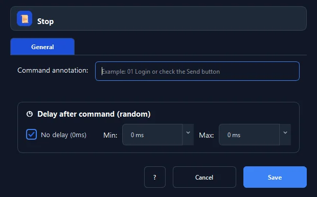 RunMacro Stop Macro command configuration dialog showing parameter fields