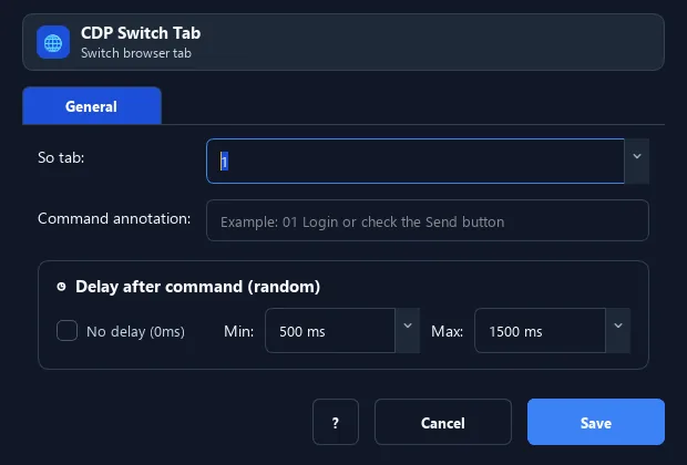 RunMacro Switch Tab command configuration dialog showing parameter fields