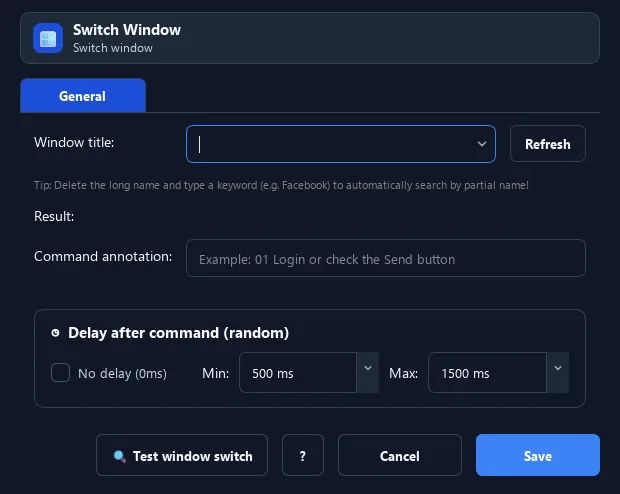 RunMacro Switch Window command configuration dialog showing parameter fields