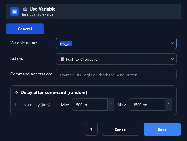 RunMacro Use Variable command configuration dialog showing parameter fields