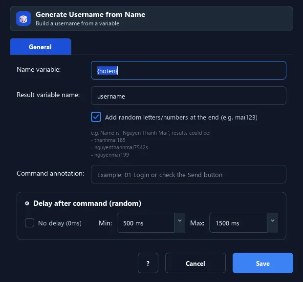 RunMacro Username from Name command configuration dialog showing parameter fields