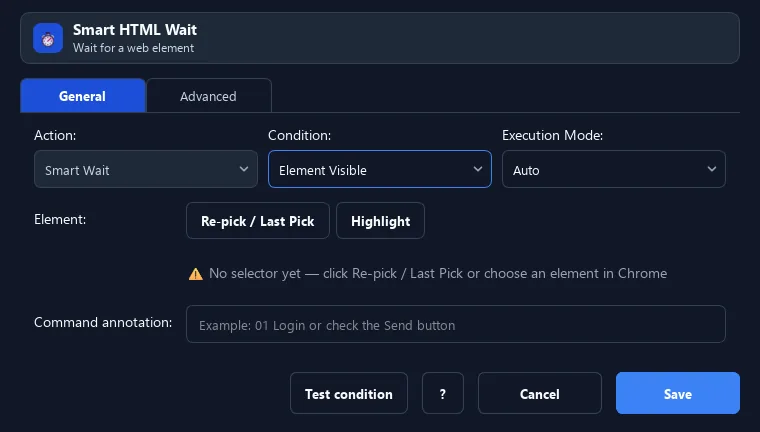 RunMacro Smart HTML Wait command configuration dialog showing parameter fields
