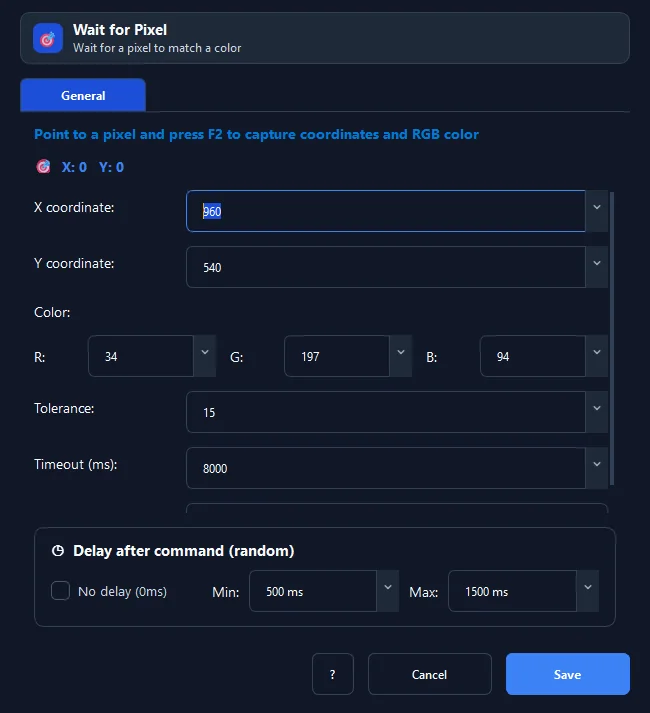 RunMacro Wait Pixel command configuration dialog showing parameter fields