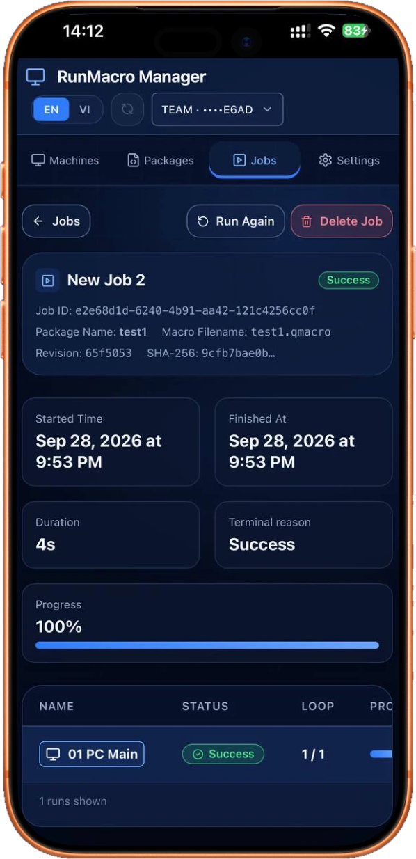 RunMacro Manager mobile dashboard for monitoring and remote controlling automation bots